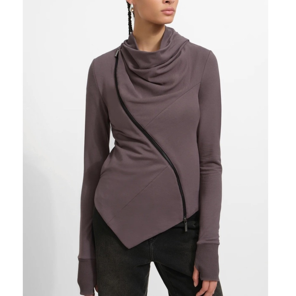 Marcella NYC Hoyt Asymmetric Cowl Neck Jacket Thumbholes Anthracite Gray Sz Sm